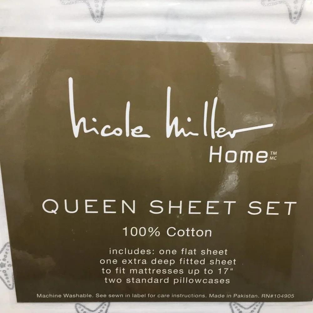 Nicole Miller Silver Starfish QUEEN Sheet Set Beach Ocean Shimmer 100% Cotton
